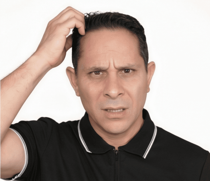John scratching his head, frowning at something off camera